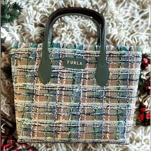 🎄✨ FURLA Multicolor Tweed Fringe Handbag | Christmas Green Handles | NWT ✨🎄